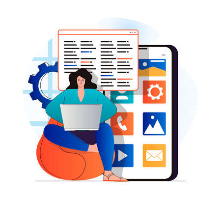 App development concept in modern flat design. Woman developer works on laptop, coding code, creates software for mobile phone, customizes and optimizes programs, ui layout design. Vector illustrationのイラスト素材