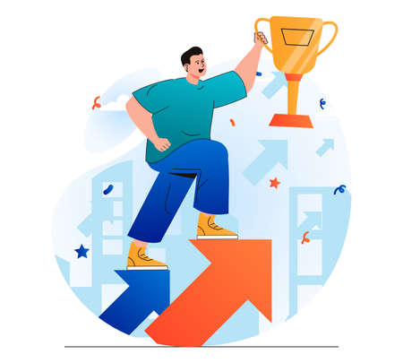 Business award concept in modern flat design. Businessman holding gold cup and moves up on arrow. Triumph, profit growth, achievement of career goals, leadership in competition. Vector illustrationのイラスト素材