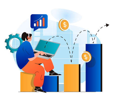 Business growth concept in modern flat design. Businesswoman working at laptop, analysis data and statistics. Financial success, profit growth, achievement of career goals. Vector illustrationのイラスト素材