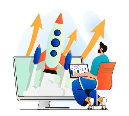Business startup concept in modern flat design. Man launches new project on market, analyzes data, strategy and profit growth. Businessman working on development of his company. Vector illustrationのイラスト素材