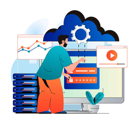 Cloud computing concept in modern flat design. Man user gains access to cloud storage and uploads his content to server. Data center infrastructure, service and technical support. Vector illustrationのイラスト素材