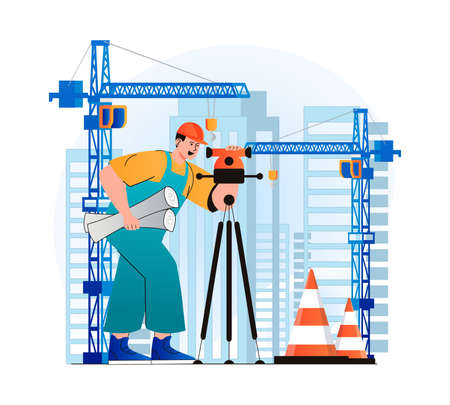 Construction engineer concept in modern flat design. Surveyor makes measurements and holding working drawings. Builder works at construction site with cranes. Real estate business. Vector illustrationのイラスト素材