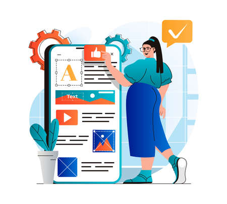 Content manager concept in modern flat design. Woman places elements, fills site pictures and optimized page for mobile app. Designer creates graphics. Online business promotion. Vector illustrationのイラスト素材