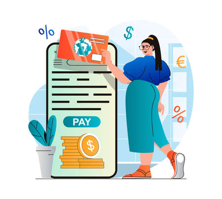 Online payment concept in modern flat design. Woman paying for purchases with credit card in mobile application. Customer conducts financial transaction in online banking app. Vector illustrationのイラスト素材