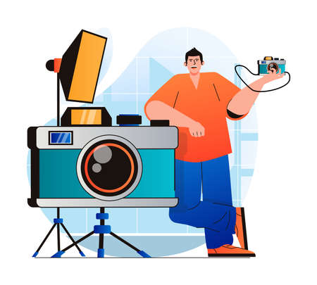 Photo studio concept in modern flat design. Man standing by huge photo camera works in professional with equipment. Photographer makes photoshoots, art and commercial photography. Vector illustrationのイラスト素材