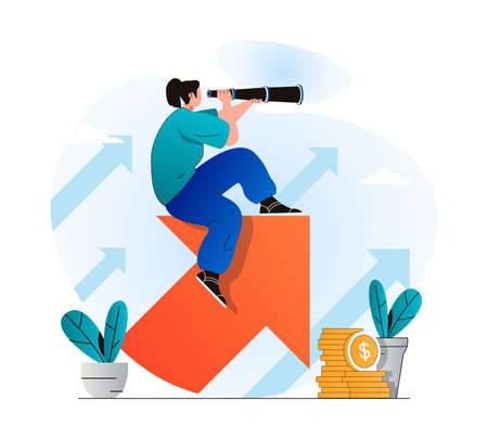 Searching opportunity concept in modern flat design. Woman looks through spyglass and looks for new business projects or vacancies. Achieving career goals and professional growth. Vector illustrationのイラスト素材