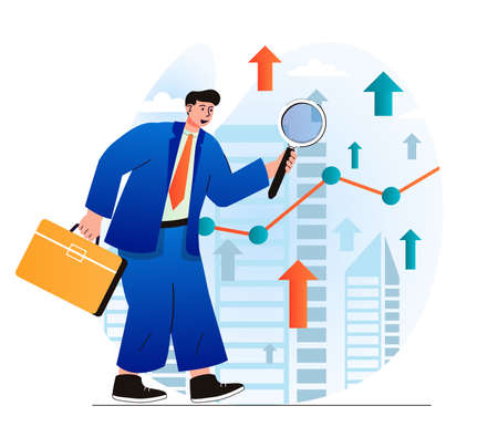 Searching opportunity concept in modern flat design. Businessman with briefcase is looking for new profitable business projects. Successful strategy, leadership and investment. Vector illustrationのイラスト素材