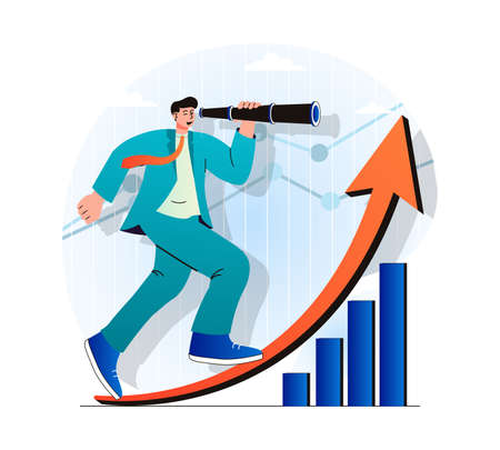 Searching opportunity concept in modern flat design. Businessman looks through spyglass and looks for new vacancies. Success man achieves career goals and professional growth. Vector illustrationのイラスト素材