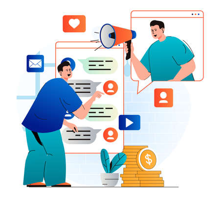 Social media marketing concept in modern flat design. Man uses messenger on mobile phone and sees online ads. Marketer with megaphone attracting new customers, promotes business. Vector illustrationのイラスト素材