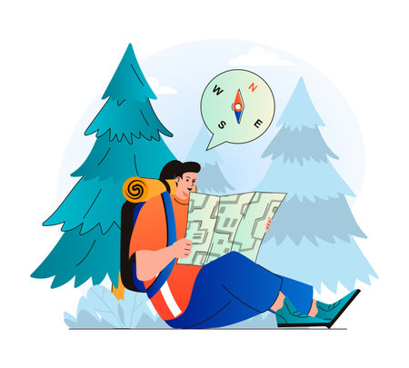 Traveling people concept in modern flat design. Traveler with backpack hiking in forest and chooses route with map and compass. Outdoor activities, summer camping and recreation. Vector illustrationのイラスト素材