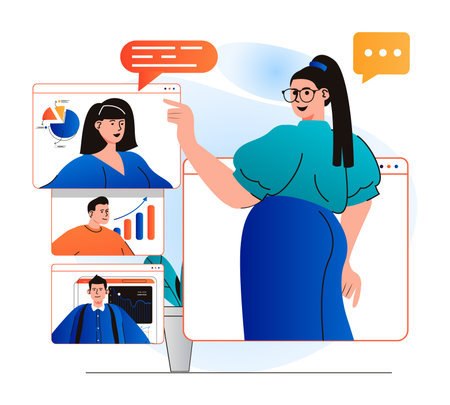 Video conference concept in modern flat design. Woman listens to colleagues reports remotely using group video call at screens. Employees discussing tasks at online meeting. Vector illustrationのイラスト素材
