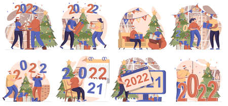 Happy New Year collection of scenes isolated. People celebrating 2022 holiday at home festive party, set in flat design. Vector illustration for blogging, website, mobile app, promotional materials.のイラスト素材