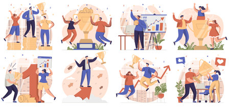 Business award collection of scenes isolated. People celebrating success, achieving goals and win, set in flat design. Vector illustration for blogging, website, mobile app, promotional materials.のイラスト素材