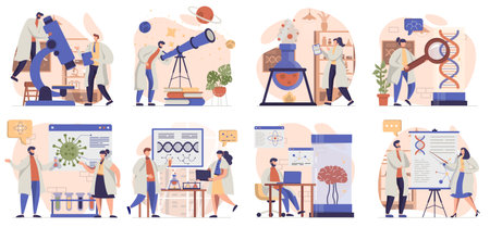 Science research collection of scenes isolated. People conduct tests, study molecules, create drugs, set in flat design. Vector illustration for blogging, website, mobile app, promotional materials.のイラスト素材