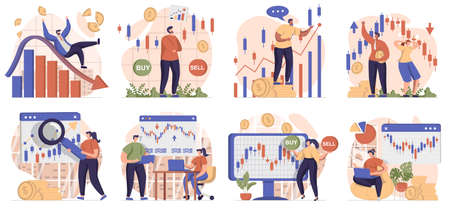 Stock market collection of scenes isolated. People are engaged in trading, invest money, buy and sell, set in flat design. Vector illustration for blogging, website, mobile app, promotional materials.のイラスト素材