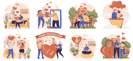 Valentines day collection of scenes isolated. People go on romantic dates, love and relationships, set in flat design. Vector illustration for blogging, website, mobile app, promotional materials.のイラスト素材