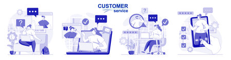 Customer service isolated set in flat design. People advice and support, operator call center, collection of scenes. Vector illustration for blogging, website, mobile app, promotional materials.のイラスト素材