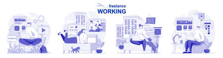 Freelance working isolated set in flat design. People dong remote work on laptops from home office, collection of scenes. Vector illustration for blogging, website, mobile app, promotional materials.のイラスト素材
