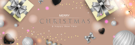 Merry Christmas web banner. Xmas and Happy New Year 2022 holiday celebration poster. Vector illustration with 3d realistic elements. Horizontal christmas poster, background, greeting cards, header.のイラスト素材