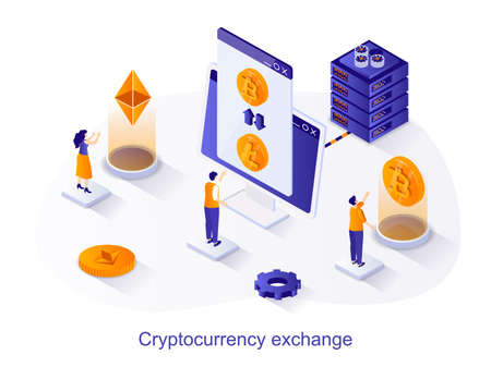 Cryptocurrency exchange isometric web concept. People making crypto trade transactions. Crypto business, bitcoin coin exchange commerce scene. Vector illustration for website template in 3d designのイラスト素材