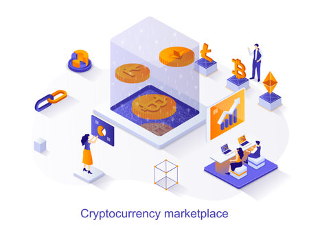 Cryptocurrency marketplace isometric web concept. People mining bitcoins and other digital money. Crypto business, financial transactions scene. Vector illustration for website template in 3d designのイラスト素材