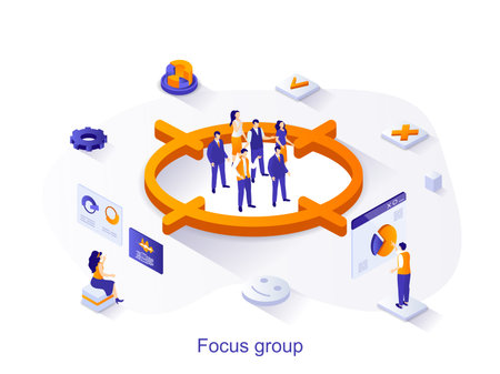 Focus group isometric web concept. People study audience, aim at group, research data and customer...