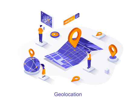 Geolocation isometric web concept. People track route on map with point marker, search by...