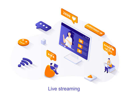 Live streaming isometric web concept. People watching blogger video stream, movie or news using laptops. Internet broadcast service scene. Vector illustration for website template in 3d designのイラスト素材