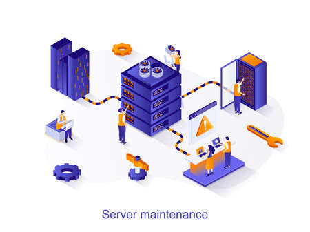 Server maintenance isometric web concept. People working at server rack hardware room, technology department engineers support equipment scene. Vector illustration for website template in 3d designのイラスト素材