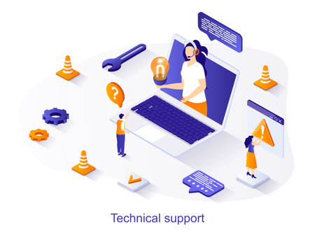 Technical support isometric web concept. People advise and answer customer questions, users solve technical issues in video chat online scene. Vector illustration for website template in 3d designのイラスト素材