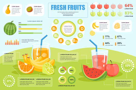Fresh fruits concept banner with infographic elements. Tasty healthy juices with vitamins, vegetarian diet. Poster template with graphic data visualization, timeline, workflow. Vector illustrationのイラスト素材