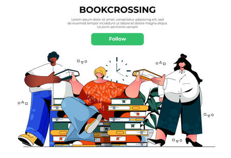 Bookcrossing web banner concept. Men and woman reading, sharing and exchanging paper books, literature readers and library landing page template. Vector illustration with people scene in flat designのイラスト素材