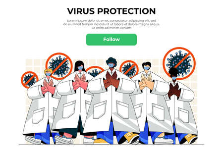 Virus protection web banner concept. Doctors in white coats and medical masks protect against disease, stop pandemic spread, landing page template. Vector illustration with people scene in flat designのイラスト素材