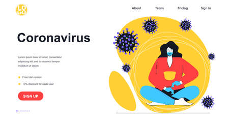 Coronavirus disease web banner concept. Woman in medical mask and gloves protects against viral infection, virus precautions landing page template. Vector illustration with people scene in flat designのイラスト素材
