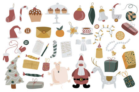 Christmas and New Year isolated elements set. Bundle of holiday decor, xmas tree with balls, toys, gifts, Santa Claus and reindeer, letters. Creator kit for vector illustration in flat cartoon designのイラスト素材