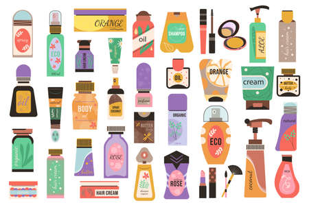 Cosmetic products isolated elements set. Bundle of bottles with lotions, shampoo, body creams or oils, lipstick, mascara, perfume and other. Creator kit for vector illustration in flat cartoon designのイラスト素材
