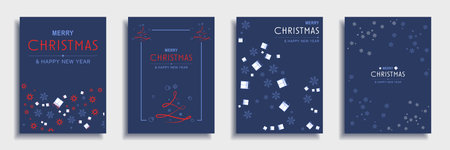 Merry Christmas and New Year 2022 brochure covers set. Xmas minimal banner design with stars, snowflakes and gifts patterns on blue backgrounds. Vector illustration for flyer, poster or greeting cardのイラスト素材