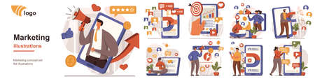 Marketing concept isolated person situations. Collection of scenes with people attract new customers, conduct advertising campaigns, e-commerce and rating. Mega set. Vector illustration in flat designのイラスト素材