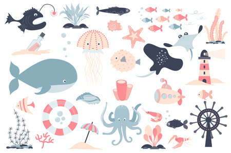 Sea creature and plants isolated elements set. Collection of fishes, crab, jellyfish, submarine, lighthouse and other. Underwater and marine compositions. Vector illustration in flat cartoon designのイラスト素材