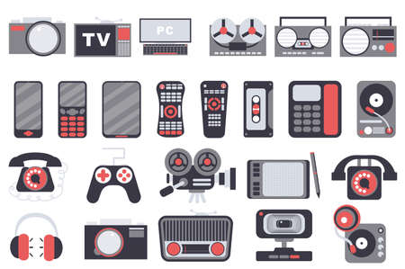 Gadgets isolated elements set. Collection of photo camera, tv, computer, tape recorder, radio, smartphone and other. Electronic device shop compositions. Vector illustration in flat cartoon designのイラスト素材