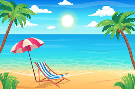 Summertime rest on tropical island concept in flat cartoon design. Sandy beach with coconut palms, sunbed with umbrella, sea or ocean shore. Idyllic seascape scenery. Vector illustration backgroundのイラスト素材