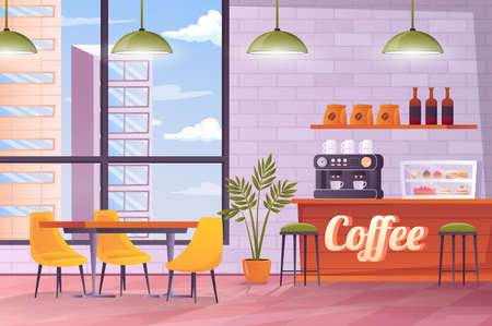 Coffee shop interior concept in flat cartoon design. Room with counter, coffee machine, shelf, showcase with desserts, table with chairs, window with skyscrapers view. Vector illustration backgroundのイラスト素材