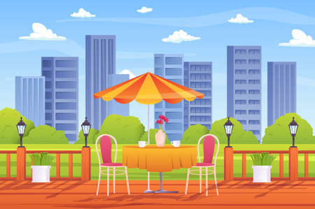 Summer outdoor cafe concept in flat cartoon design. Terrace with cups on table and chairs, umbrella, wooden fence with lanterns, green plants and skyscrapers view. Vector illustration backgroundのイラスト素材