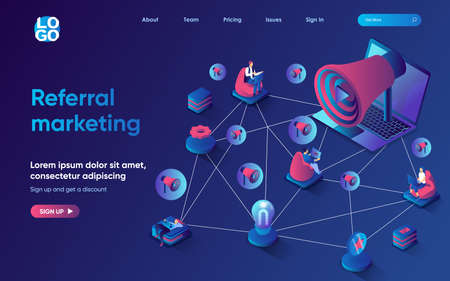 Referral marketing concept isometric landing page. Users recommend and share, loyalty program, social media marketing, 3d web banner template. Vector illustration with people scene in flat designのイラスト素材