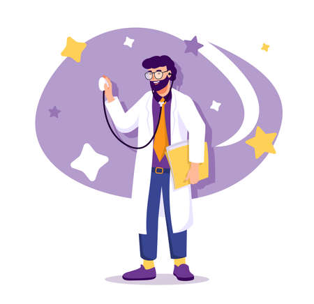 Doctor with stethoscope flat character concept for web design. Therapist works in medical clinic and examines patient, modern people scene. Vector illustration for social media promotional materials.のイラスト素材