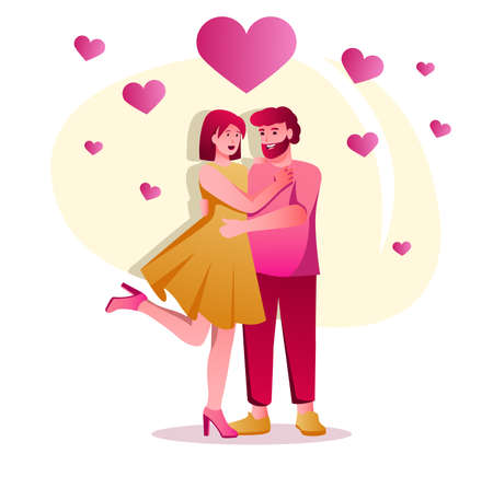 Couple happy together flat character concept for web design. Lovers man and woman hugs on romantic date, relationship modern people scene. Vector illustration for social media promotional materials.のイラスト素材