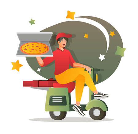 Pizza delivery flat character concept for web design. Man courier delivering parcel by scooter, fast shipping at home, modern people scene. Vector illustration for social media promotional materials.のイラスト素材