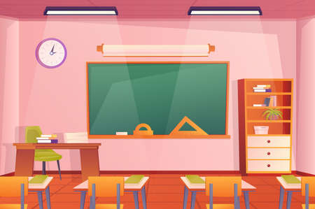 School classroom interior concept in flat cartoon design. Room and furniture wallpaper. Class with pupils desks, chairs, teachers desk, chalkboard, bookcase and decor. Vector illustration backgroundのイラスト素材