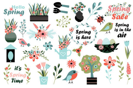 Springtime collection in flat design. Hello spring isolated elements. Flower bouquets, blooming trees, plants, birds, watering can, tools and other symbols set. Vector illustration. Hand drawn style.のイラスト素材
