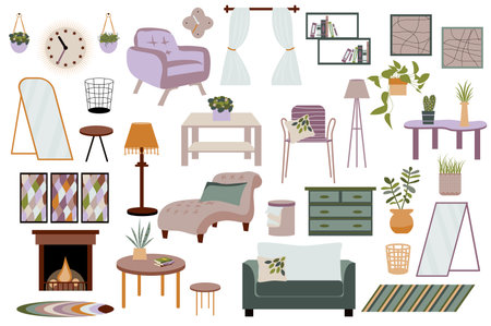 Scandinavian interior collection in flat design. Furniture for cozy room with armchairs, tables, houseplants, pictures, decor and others isolated elements set. Vector illustration. Hand drawn style.のイラスト素材